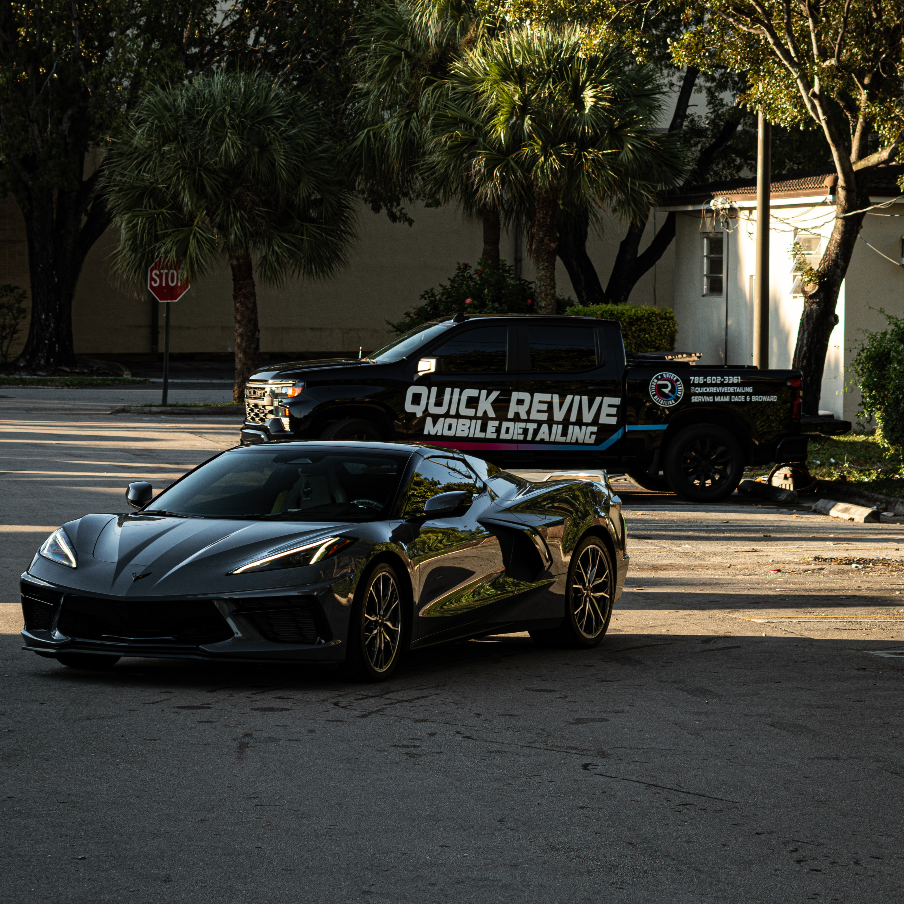 Corvette C8 freshly detailed with Quick Revive truck